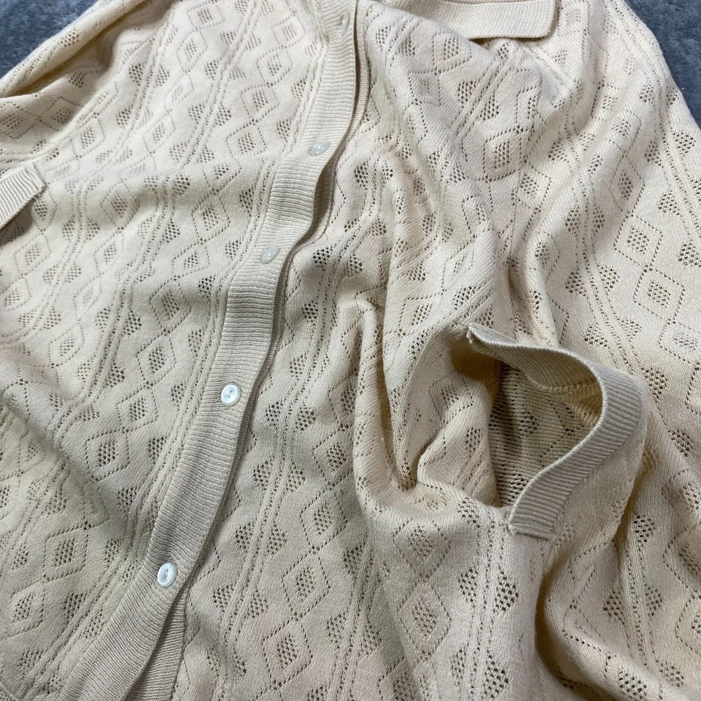 Vintage Womens Cardigan Cream Pointelle Knit Fringe Button Front Boho 70s Retro